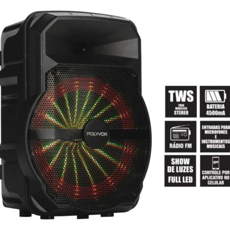 CAIXA DE SOM POLYVOX BT 300W 2 MICROFONE S/FIO PR